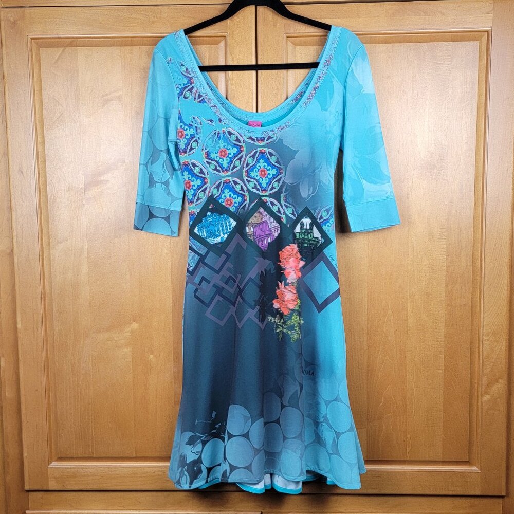 Save the Queen Teal Print 3/4 Sleeve Scoop Neck Dress - M